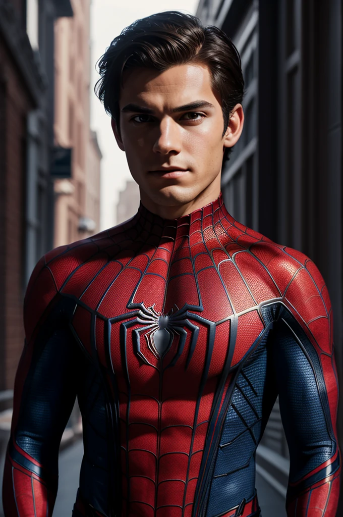 A photograph of Spider-Man., sin mascara, the 20s, elegant, detailed face, looking to the camera, portrait, 8k hd, high quality