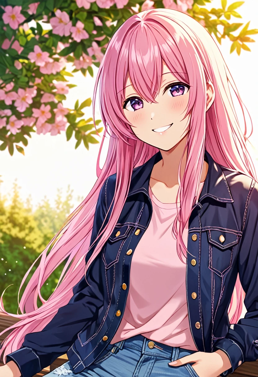 Megurine Luka smile casual clothes jeans pants colored morning peace upper body