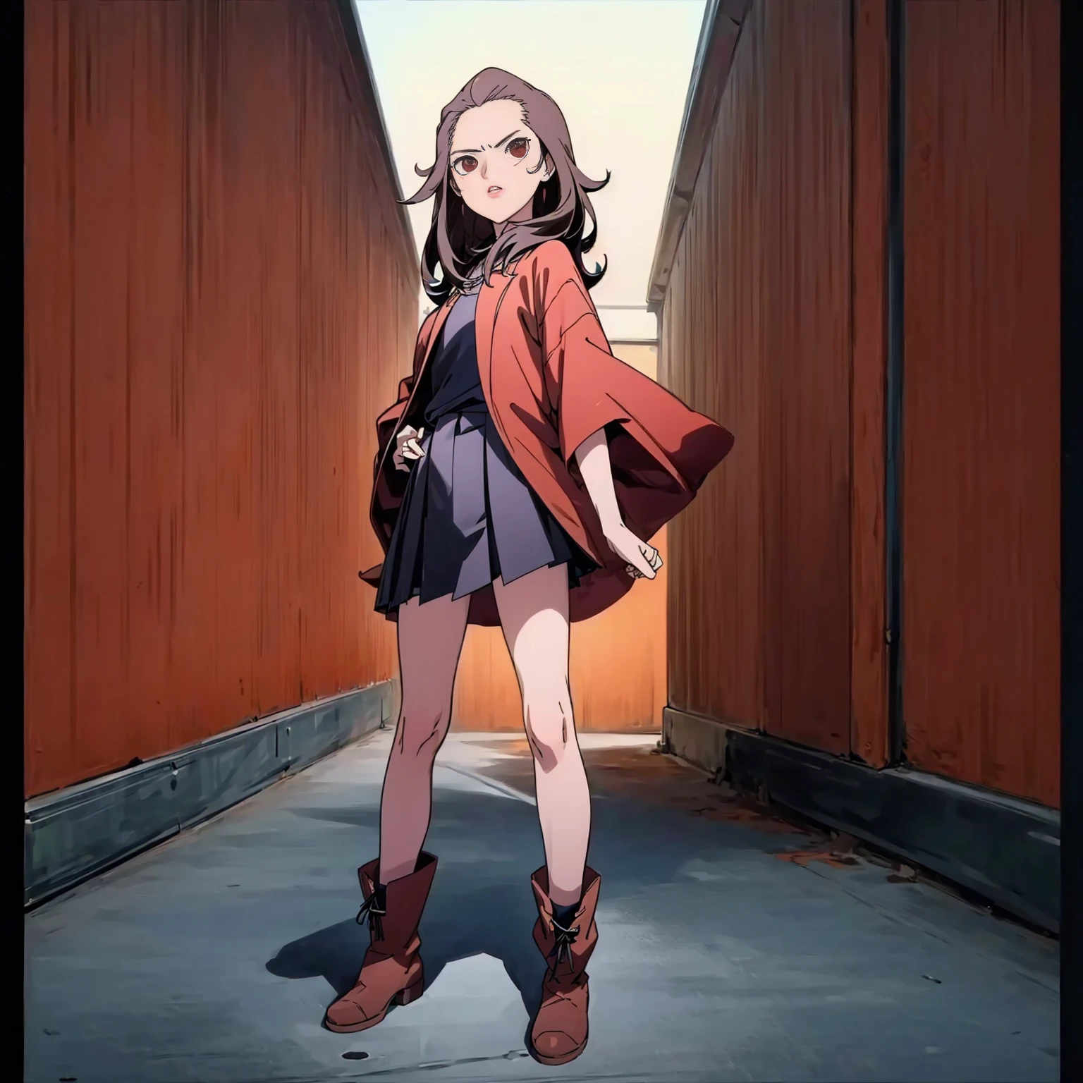 1childern girl, Full body version, 1character, tan skin, Red eyes, long haircut, black color hair, student style clothing, red colour clothing, boots, Grassroots, background street city, motion blur, (detective conan style art), standing gesture