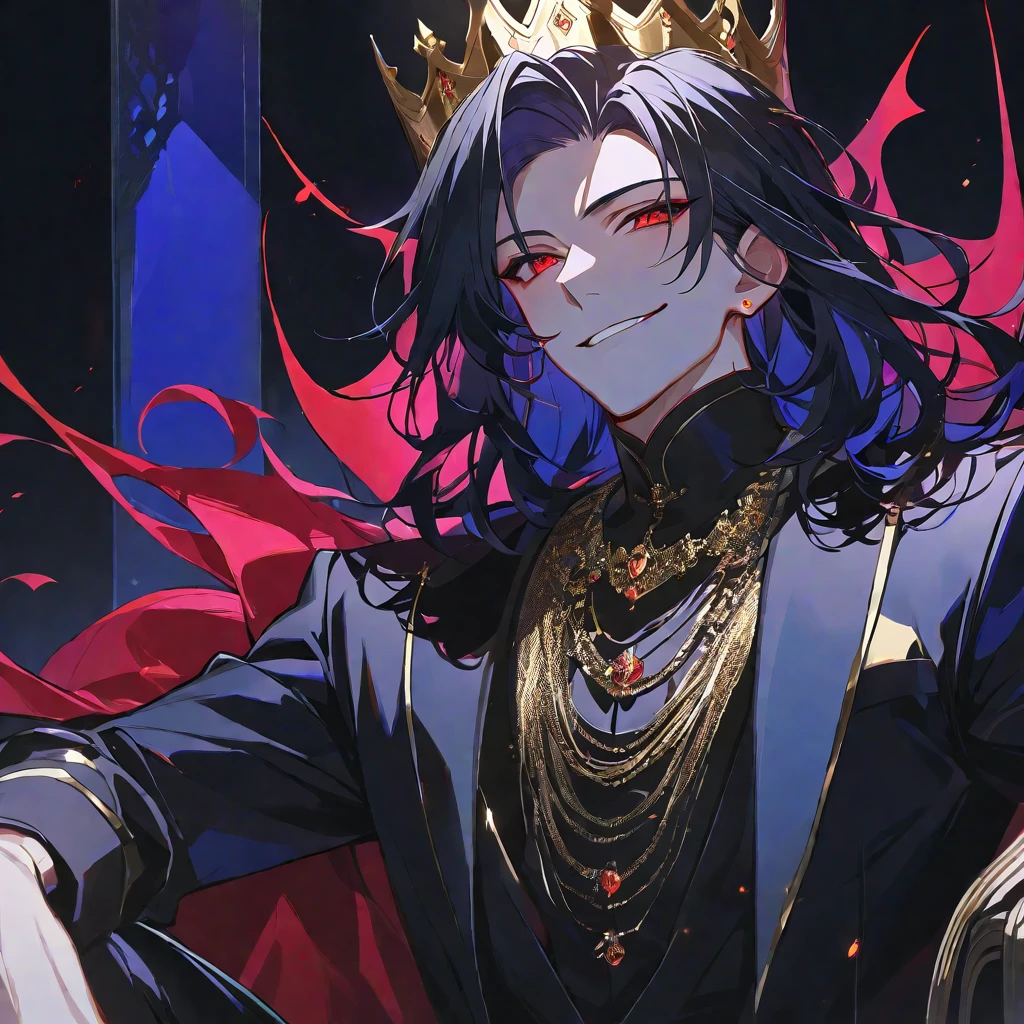 alone,good looking, 
1. male,
bangs,Straight hair,Bob Hair,
Black Hair, 
Satoru Gojo ,noble,
Red eyes,
beautiful,Sexy,darkness,Gold Necklace,
Black suit ,smile,King,crown,Slender,
Black Background ,High resolution, sit,Darkness,devil,Black light,iconSolo, Close-up