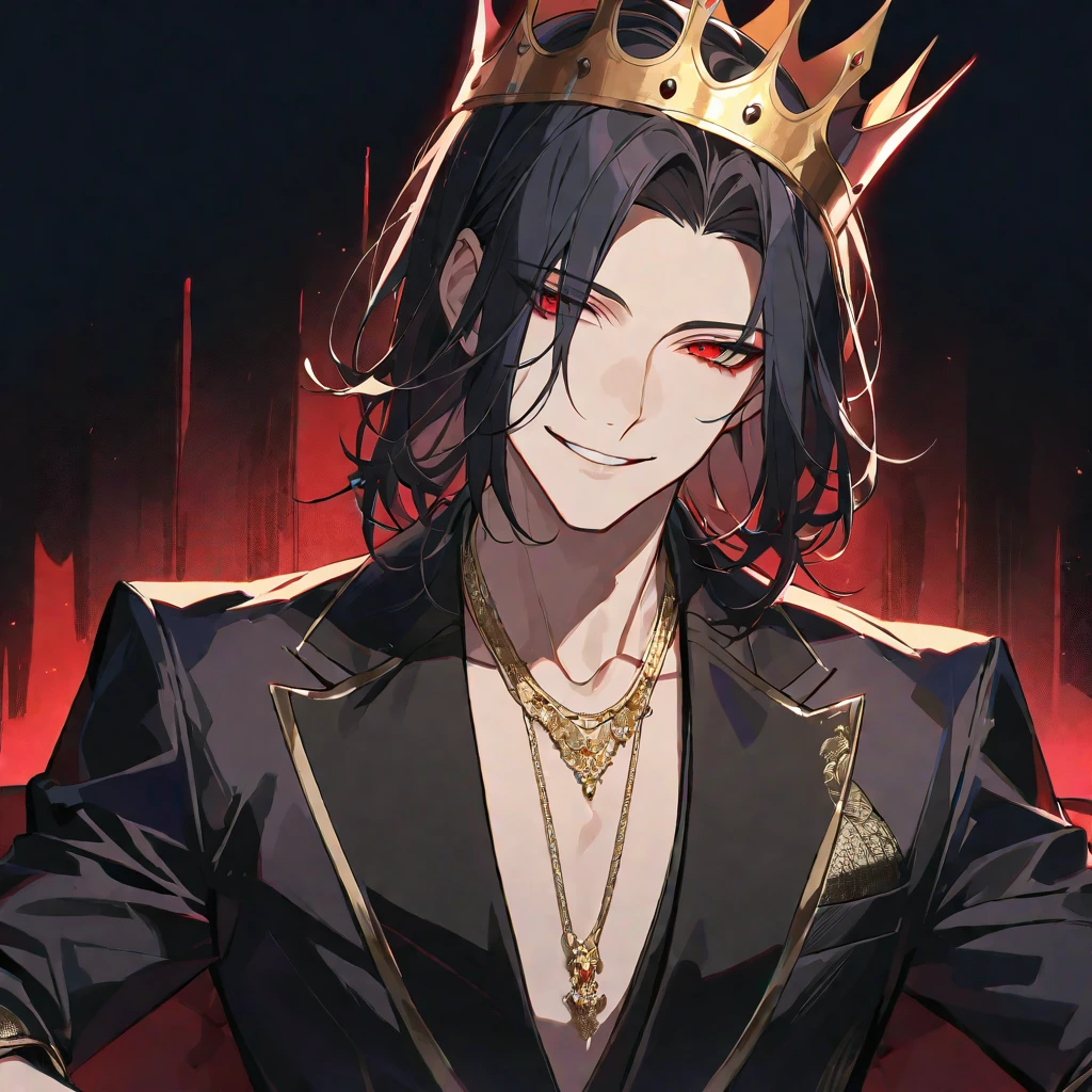 alone,good looking, 
1. male,
bangs,Straight hair,Bob Hair,
Black Hair, 
Satoru Gojo ,noble,
Red eyes,
beautiful,Sexy,darkness,Gold Necklace,
Black suit ,smile,King,crown,Slender,
Black Background ,High resolution, sit,Darkness,devil,Black light,iconSolo, Close-up