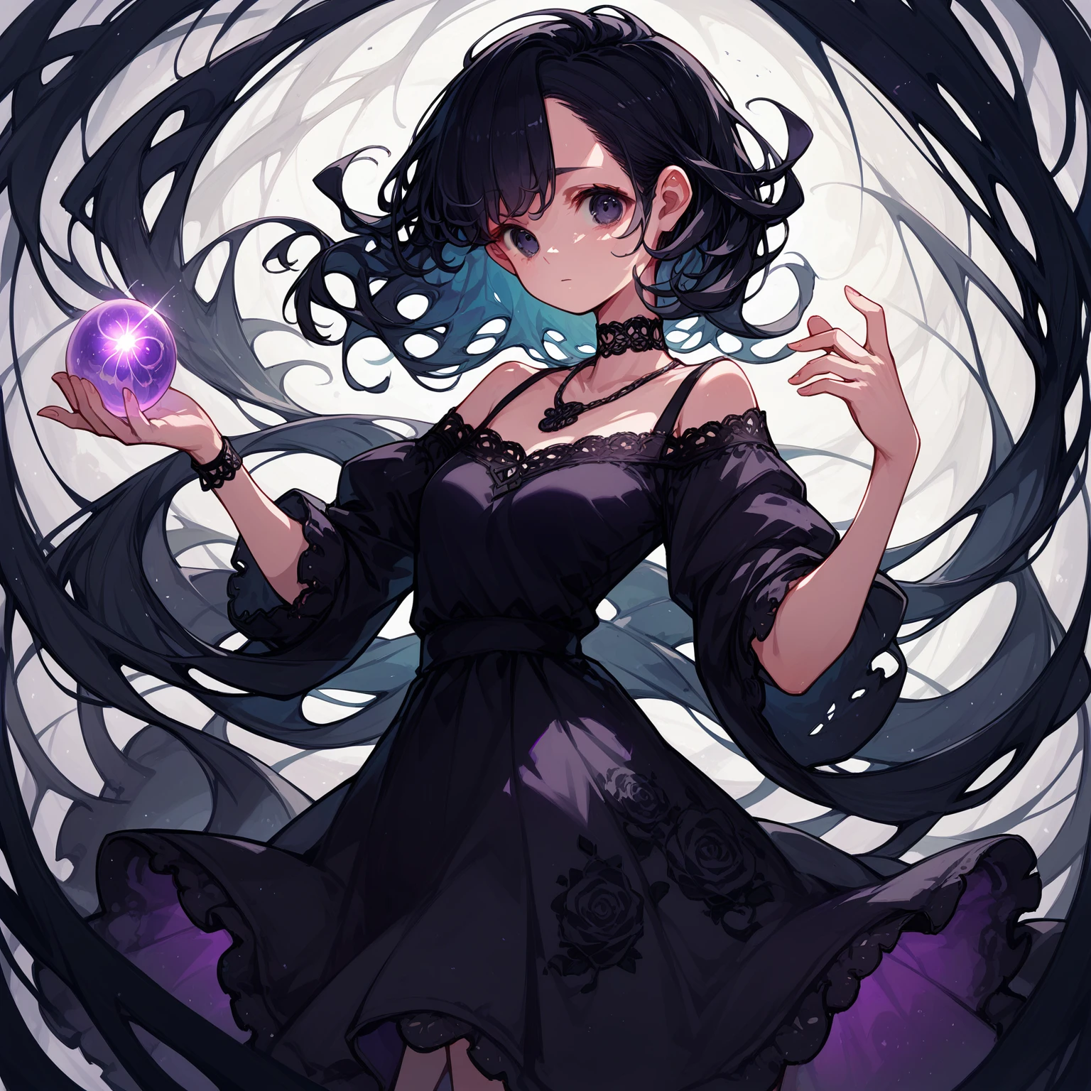 A young woman with dark, curly hair, wearing a black, off-shoulder dress with lace and intricate details, (nude:0.9), a choker necklace, standing in a mysterious environment with a glowing, swirling purple and black aura, holding a glowing purple orb in her left hand, with energy swirling around her, casting dramatic shadows, and a soft backlight illuminating her figure.