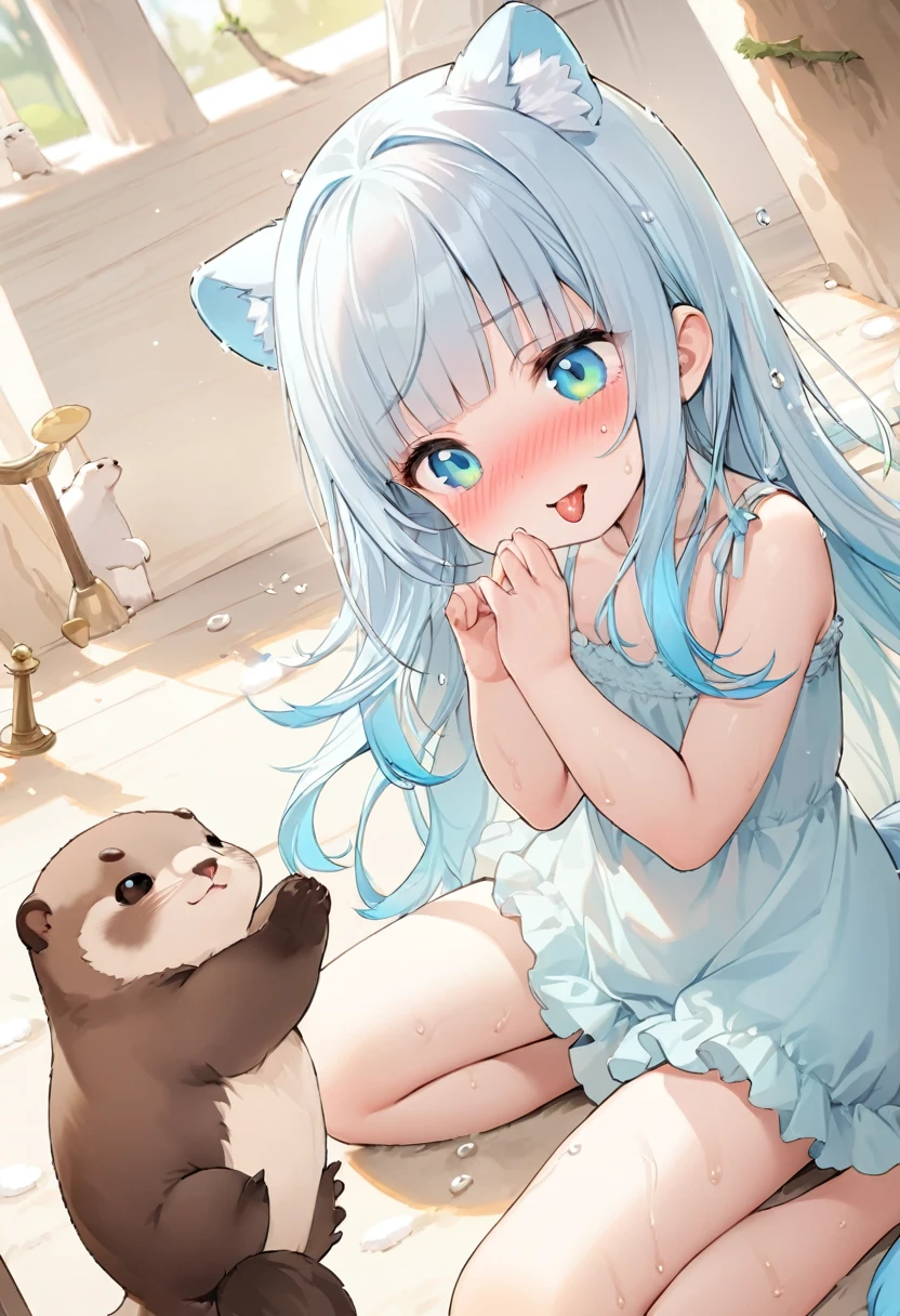 masterpiece, best quality, extremely detailed, (illustration, official art:1.1), 1 girl ,(((( light blue long hair)))), ,(((( light blue long hair)))),light blue hair, , long hair ((blush)) , cute face, big eyes, masterpiece, best quality,(((((a very delicate and beautiful girl))))),Amazing,beautiful detailed eyes,blunt bangs((((little delicate girl)))),tareme(true beautiful:1.2), sense of depth,dynamic angle,,,, affectionate smile, (true beautiful:1.2),,(tiny 1girl model:1.2),)(flat chest) ,Small, fluffy otters, Perfect for a comfortable cuddle. Its fur is soft，pale brown, There are white spots that resemble raindrops,. His eyes are big，Very expressive, Bright brown，Exudes curiosity and joy. Tito's ears are medium in size、Stand up straight when excited. His nose was dark and wet, His tongue always seems lovingly ready to lick. Their legs are small but agile, Great for running and playing. Tito's tail was short, Shake passionately when you're happy, Looks like a joyous little flag.A small, fluffy otter and girl.
