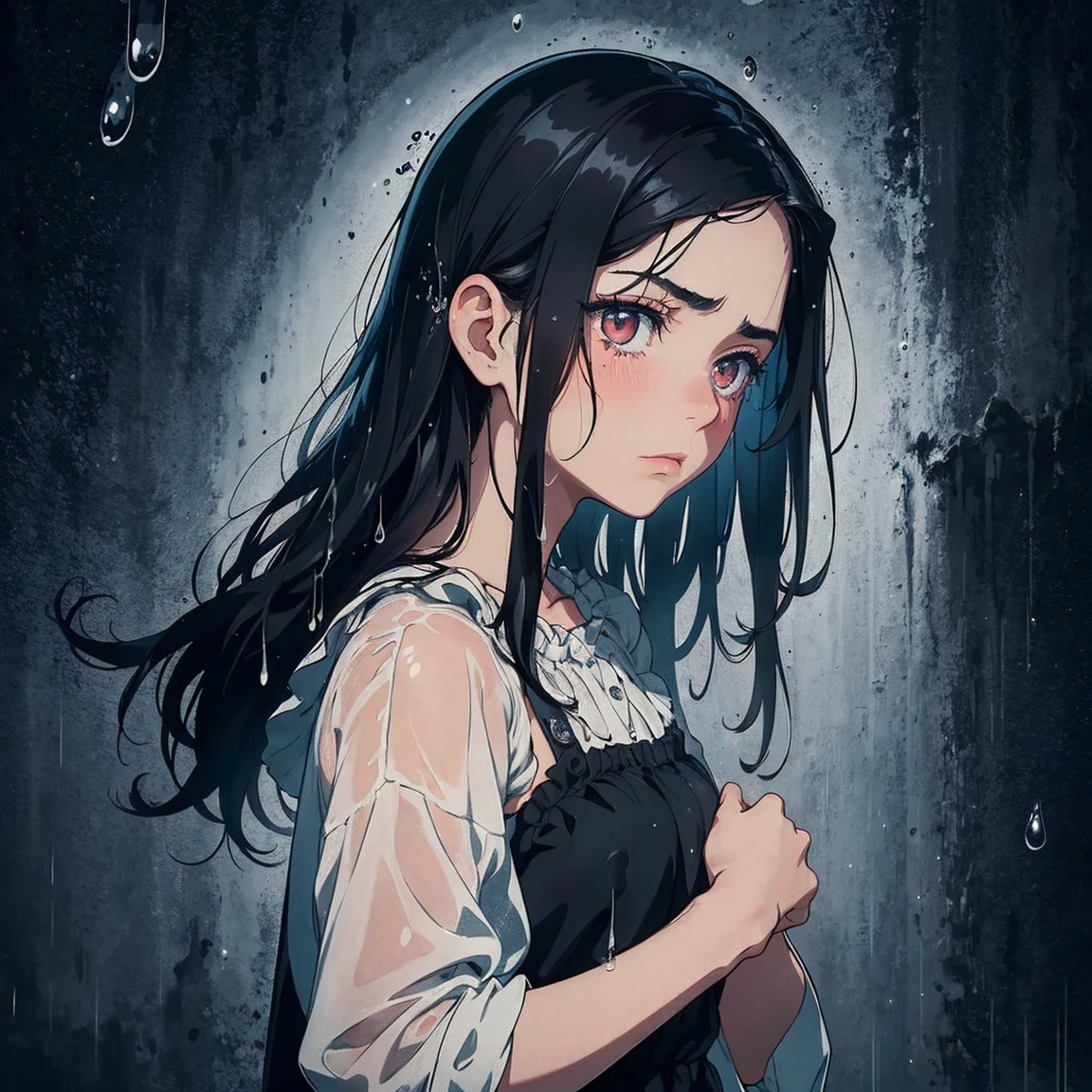 A sorrowful girl with long, disheveled black hair, her tear-streaked face partially hidden by her arms, embodies deep despair. The rain pours heavily, blurring her outline as shadows dance around her. Vivid smudges of runny makeup create a striking contrast against the dark backdrop, resembling a haunting painting by Frida Kahlo. Ethereal droplets of rain glisten like stars, adding an abstract touch, while subtle hints of vibrant colors emerge in the darkness, evoking an emotional landscape reminiscent of a gloomy expressionist masterpiece.