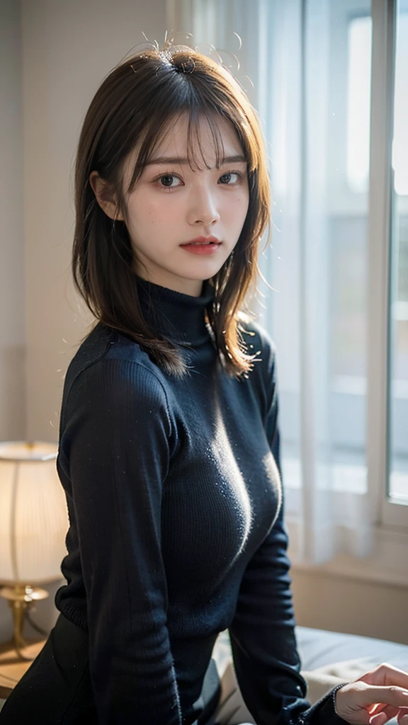 (8K、Raw photo、Highest quality、masterpiece:1.2)、(Realistic、Realistic:1.37)、Ultra-high resolution、One Girl、cute、alone, Browsing Caution，Highest quality，masterpiece，8K，Droopy eyes，Big Breasts，Beautiful breasts, Black turtleneck knit, Inside the room, smile, Highly detailed face, Highly detailed lips, double eyelid, Exquisite detail and subtle sparkle, Photograph her in poses that reflect both grace and confidence, Enhance visual effects with cinema lighting. Use modern 2D designs for your backgrounds, Create beautifully, Balanced composition. Enhance the scene with elements such as depth of field, bloom effect, And a touch of sparkle, Adds a dreamy texture to the entire image. Pay close attention to detail