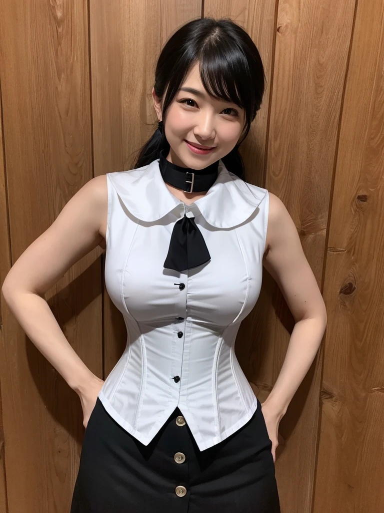 Highest quality、masterpiece、8k、Very detailed、Realistic、Looking at me with a smile、whole body、Black Hair、Small face、Slender、Big Breasts、Sleeveless shirt with buttons and a collar、Mermaid Skirt、A shirt that accentuates the shape of your body、A shirt that accentuates the shape of the chest、Erect nipples、Underbust corset