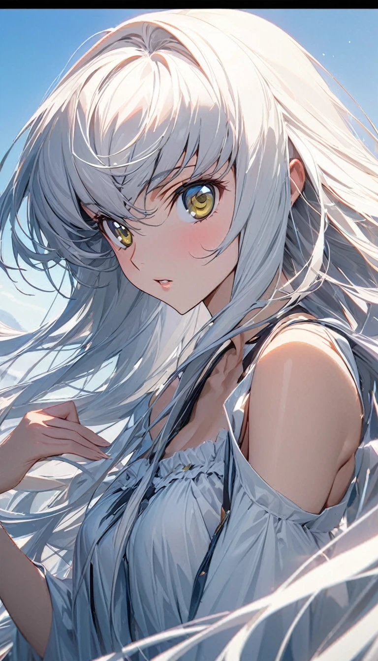 One woman, Ultra-high resolution, 超detailed, Highest quality, 8k,((Highest quality)), ((masterpiece)), (detailed),Face direction(front),Hair Color(Bright white,Fine hair quality, short),background(blue sky,morning),eye(eyeの色青, パッチリとしたeye元), clothing(negligee),expression(Exquisite features depicting a perfect face),Body Type(model,Naturally beautiful),Perfect hands,The perfect woman, Dramatic Shadows,Cute pose,Anime characters, Code Geass