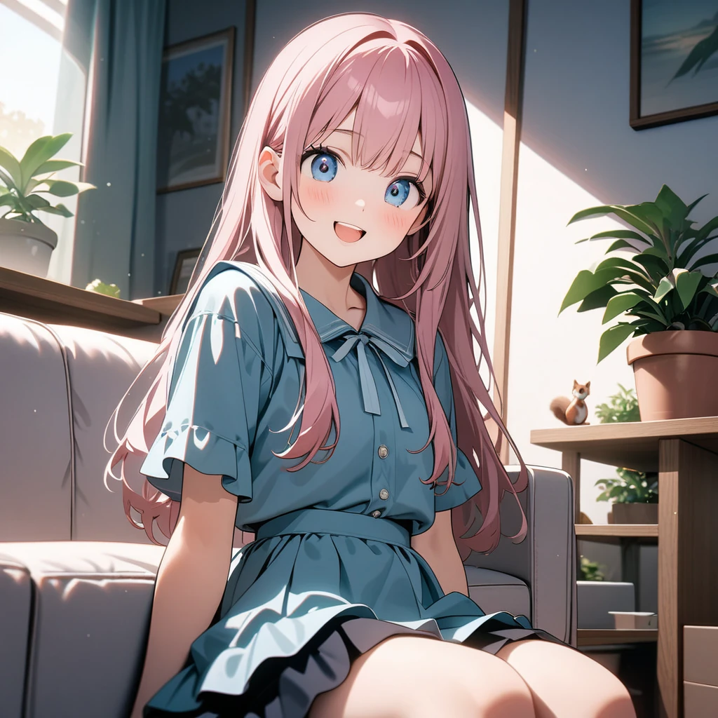 (8K, best quality, master piece: 1.2),super high resolution,1 girl,solo,yo,,ultra-detailed face,detailed eyes, pink hair,long hair,straight hair,Short sleeve layered dress,happy,(cute Japanese flying squirrelis flying around the room),1 flowerpot of Dracaena,rim light,The girl is sitting on the sofa,room