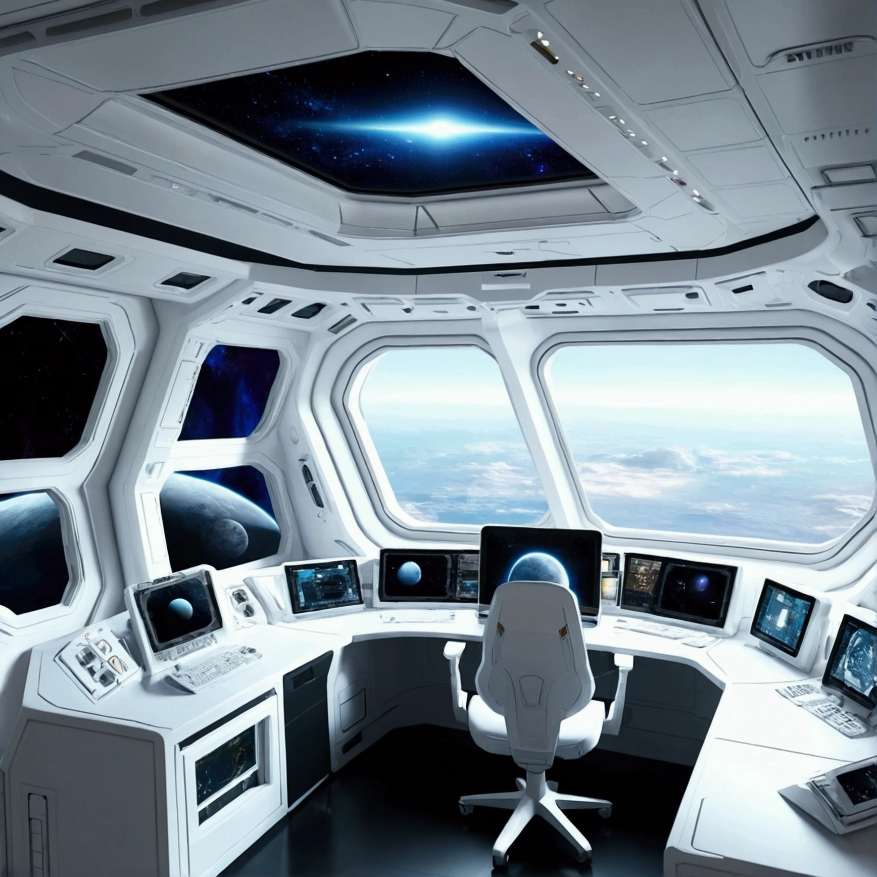 White，Spacecraft exterior. through the window, You can see the scenery of alien planets, The entire space is filled with work consoles with electronic devices and screens, Full HD