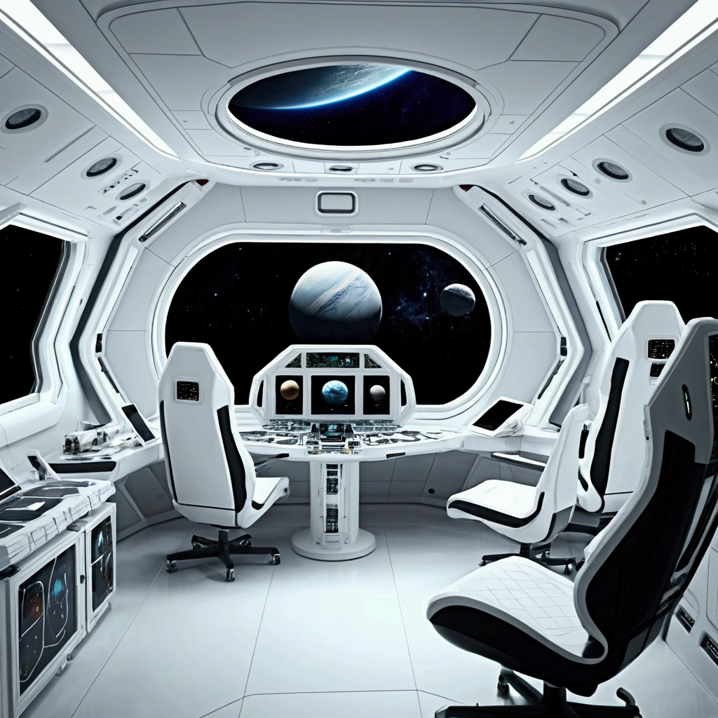 White，Spacecraft exterior. through the window, You can see the scenery of alien planets, The entire space is filled with work consoles with electronic devices and screens, Full HD