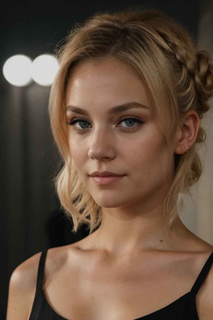 an eye contact of a blonde with hair in a bun and dark theme