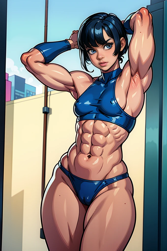 7--old g, flat chest, slim, short black hair, blue eyes, city, absurdres, high res, ultrasharp, 8K, masterpiece, looking at viewer, white crop top, (flat chest), strong arms, muscular thighs, ripped muscles, six pack abs, muscle arms, muscular,