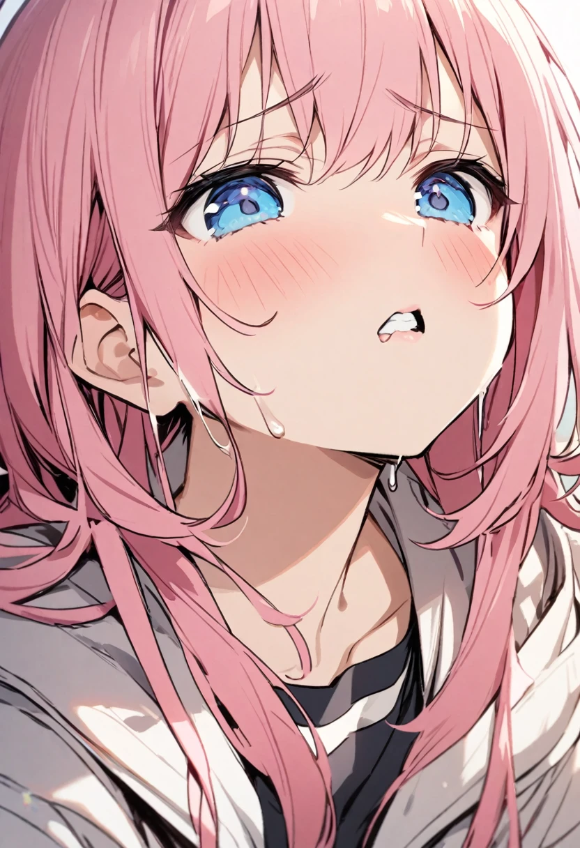 My mouth dropped open.、Girl with pink hair、blue eyes