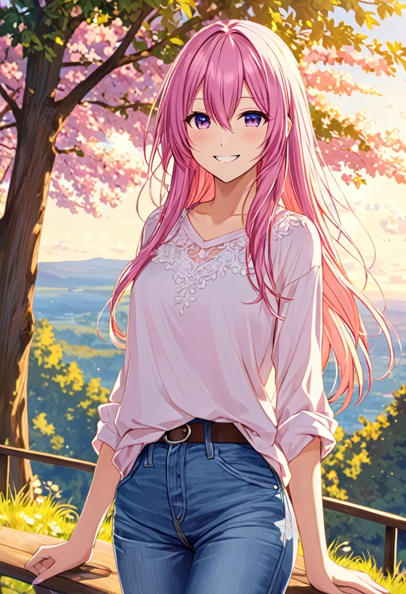 Megurine Luka smile casual clothes jeans pants colored morning peace upper body