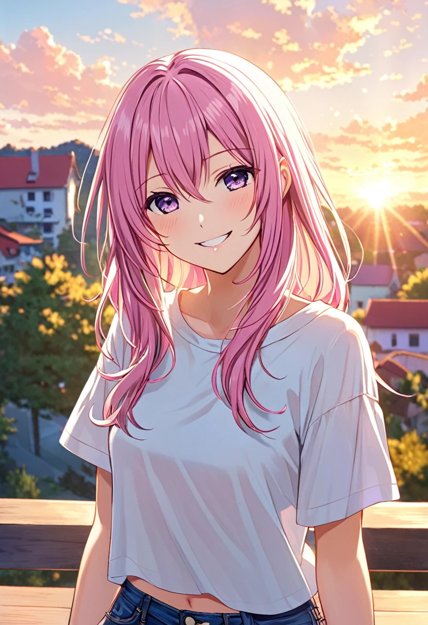 Megurine Luka smile casual clothes jeans pants colored morning peace upper body