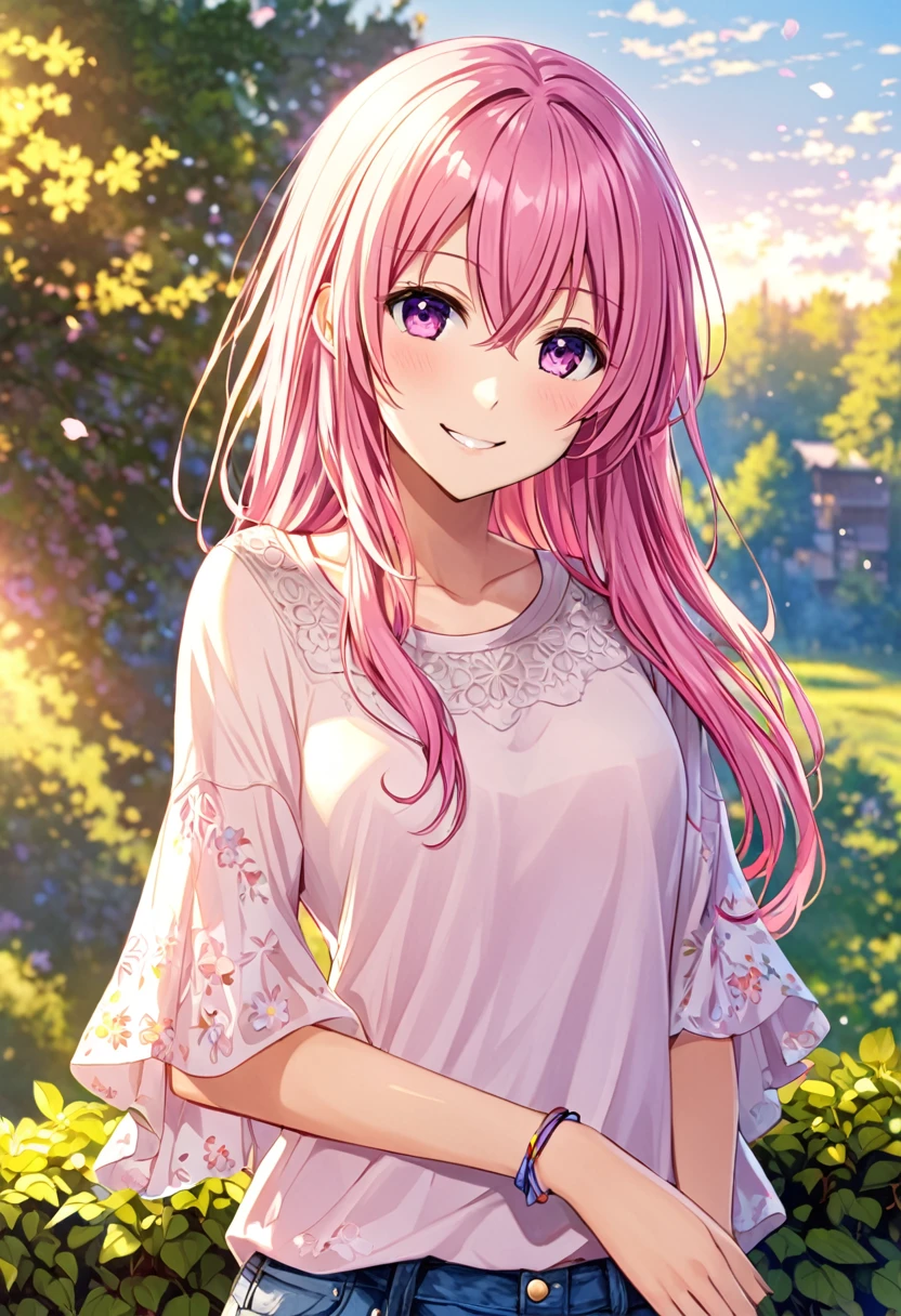 Megurine Luka smile casual clothes jeans pants colored morning peace upper body