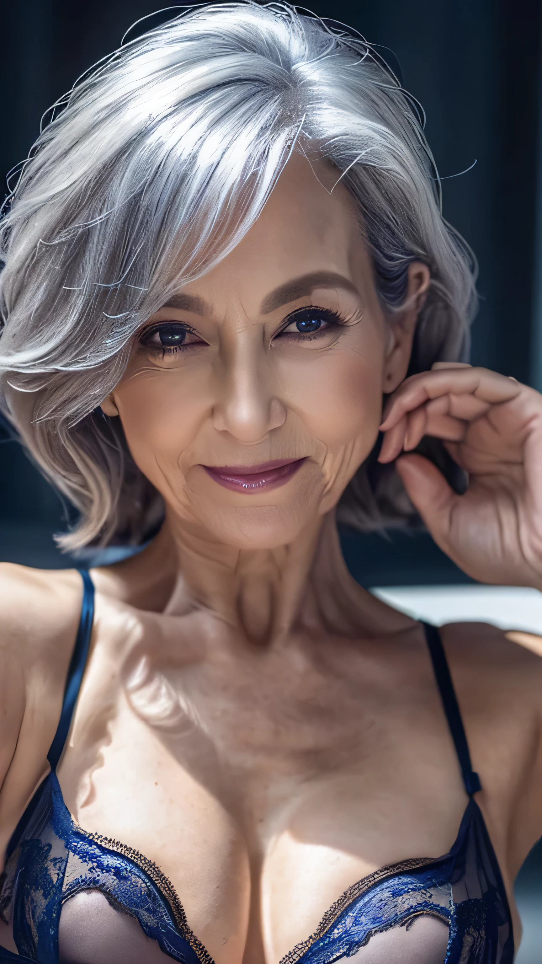 ((2womans)),(((top quality,realistic,masterpiece))),(65 years old:1.2),silver hair,(there are many wrinkles on her face:1.2),old woman,((erotic blue lingerie)),wave hair,erotic face,Enhance,midnight,Seductive pose,smile, Fantasy, Raise your arms
