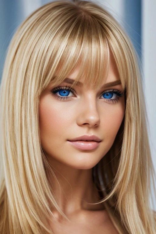 blonde woman, medium-long hair with curtain bangs, blue eyes, thin nose, beautiful luscious mouth, fine facial features, a mole above the lip