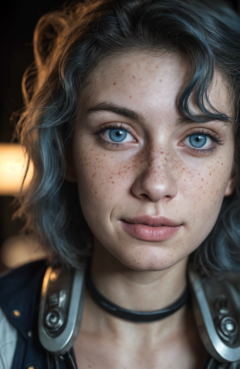 (Close-up, editorial photograph of a 21 year old woman), (highly detailed face:1.4) (smile:0.7) (background inside dark, moody, private study:1.3) POV, by lee jeffries, nikon d850, film stock photograph ,4 kodak portra 400 ,camera f1.6 lens ,rich colors, hyper realistic ,lifelike texture, dramatic lighting , cinestill 800, wavy hair, messy hair, curls, Short hair, Mischievous smirk, Blue hair, Blue Eyes, freckles, White Skin, Sci Fi, Spaceship, Cyberpunk, Futurism, Military Suit, Technocratic Union, Astral Plane, European expressions, European woman, European skin