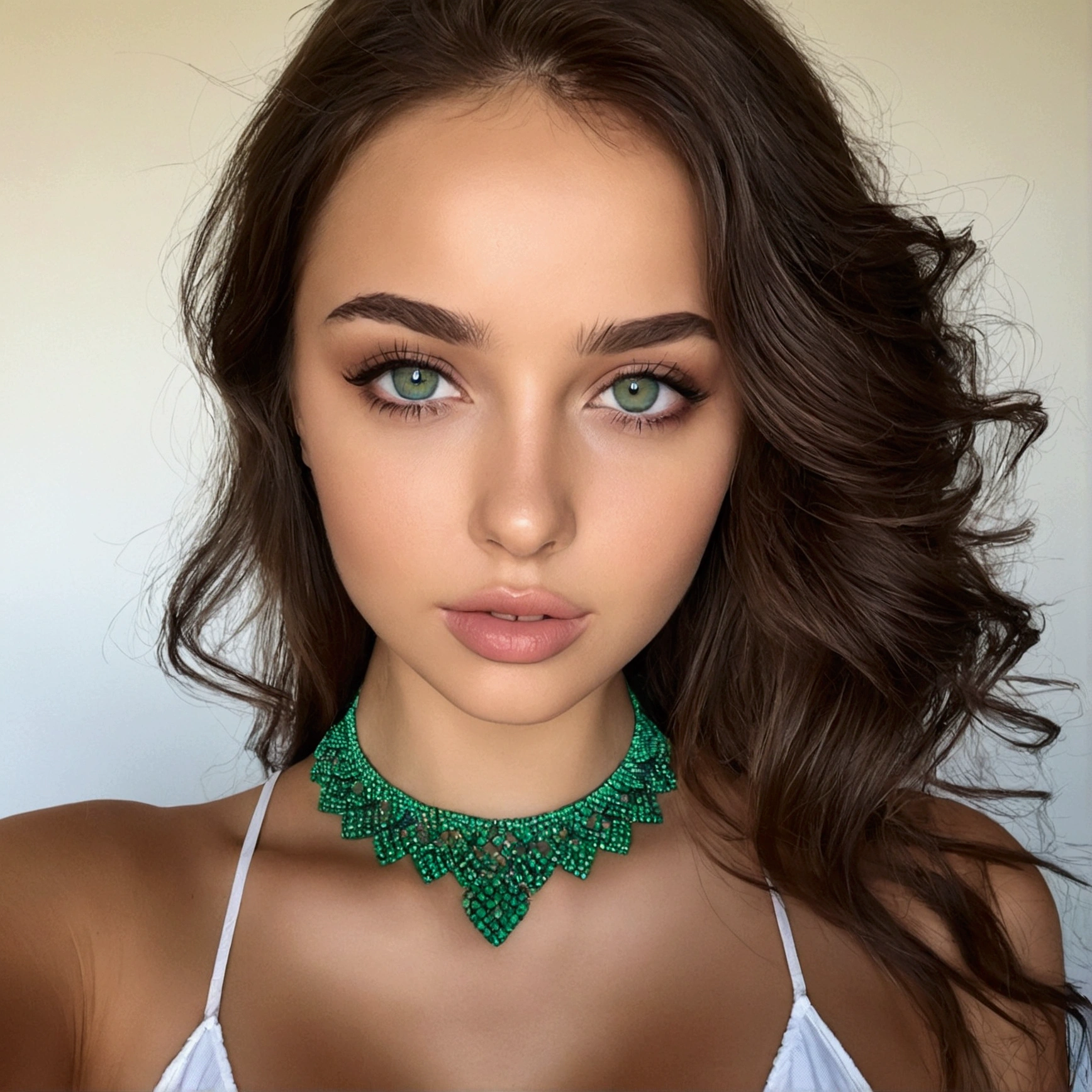 femme arafée avec un débardeur blanc et un collier, Fille sexy aux yeux verts, portrait sophie mudd, cheveux bruns et grands yeux, selfie une jeune femme, yeux de la chambre, violette myers, sans maquillage, maquillage naturel, regarder directement la caméra, visage avec artgram, maquillage subtil, stunning tout le corps shot, yeux verts perçants, bel angle, pose attrayante, jolie fille, pose sexy, tout le corps picture, tout le corps, tout le corps shoot, déesse brune, Détails élevés, Pose satisfaite, soutien-gorge en cuir, jupe en cuir en soirée à la plage dubai
