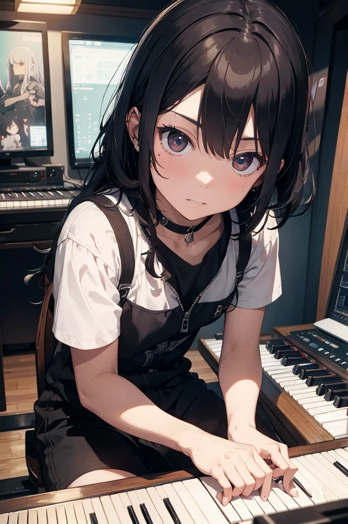 Emo boy playing piano in his psychedelic music studio watching the matrix