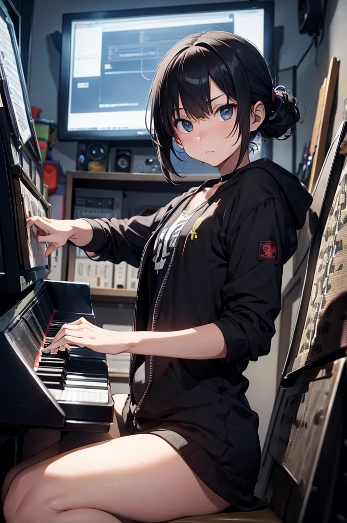Emo boy playing piano in his psychedelic music studio watching the matrix