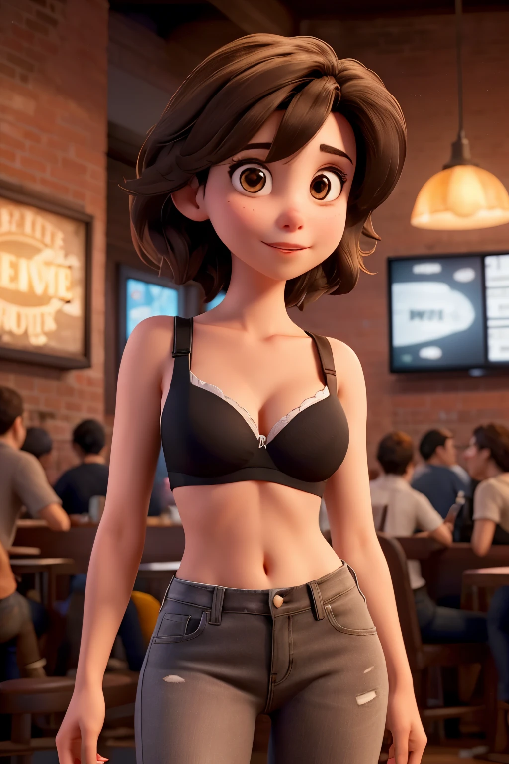 Young white woman medium dark brown hair brown eyes wearing jeans and black bra drinking beer in a new york bar