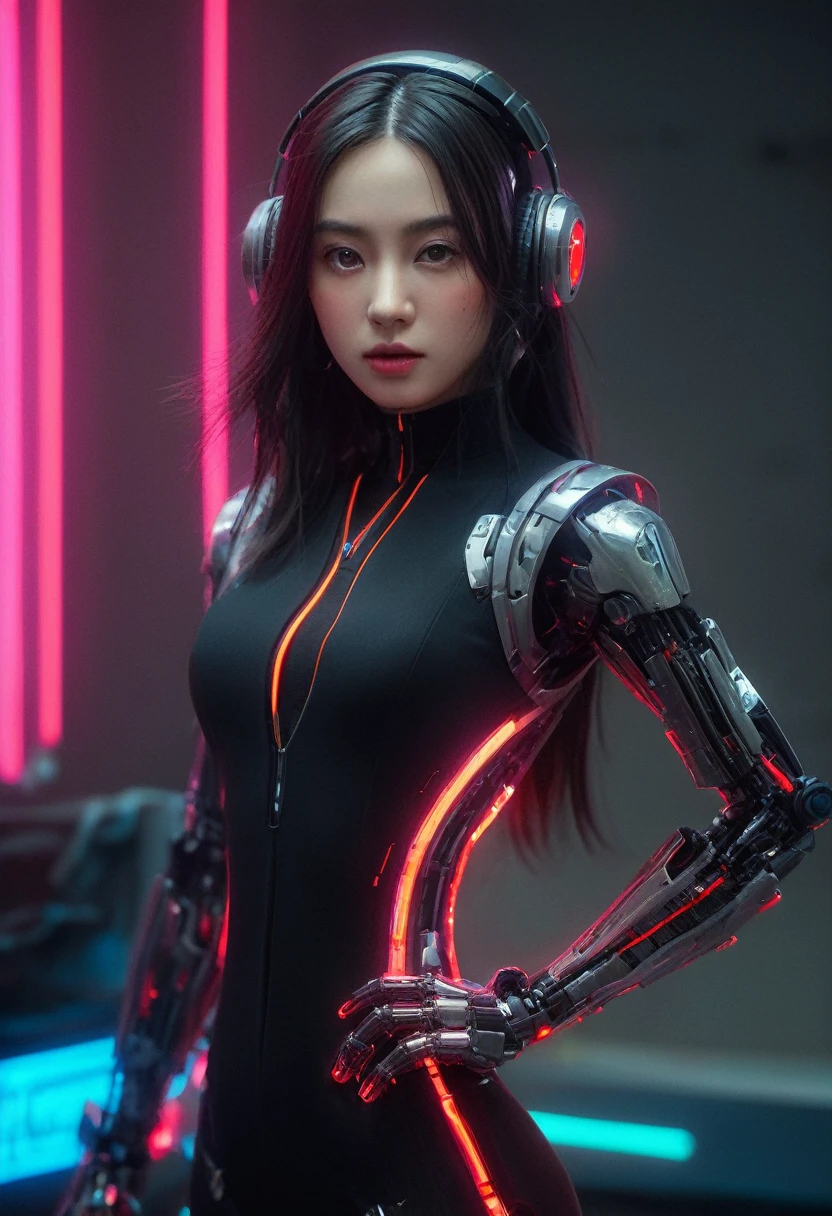 xxmixgirl. Highly detailed professional 35mm film, bokeh, face in sharp focus. A robotic female, Miku, with ((metal skin)), ((perfect Asian eyes)) with magenta irises and ((black pupils)), beautiful serious (detailed face), 18 year old ((photorealistic face)), very long magenta twin tails of magenta hair, twin black hair ties with a single red stripe. She may have a black audio headpiece. We can see her ((full body)) down to her boot soles. Her outfit is a sleeveless collared light grey shirt, outlined in red around the frilled collar and hems. Shiny reflective ((metallic breast cups, dimpleless)), invisible nipples. She wears black sleeves with red hems that start around her upper arm and bellow out as the sleeves open and extend to her wrists, with wide trumpet red rimmed cuffs. She has perfect robotic (detailed hands). She wears a red colored tie with two horizontal solid parallel black lines halfway across. She wears a fabric black skirt with a horizontal red hem at the bottom all the way around; her (((black skirt wraps around her))) and ((her skirt completely covers)) her robotic waist and thighs. Tall black boots with red bottom soles, a red rim around the top at her thighs. Her mechanical shoulder joints are visible. We can see her robotic legs and robotic neck. Half of her is covered with shiny polished machinery. The background is a distant dark neon futuristic Japanese city, gold, cyan, violet neon, near harbor or mountains.