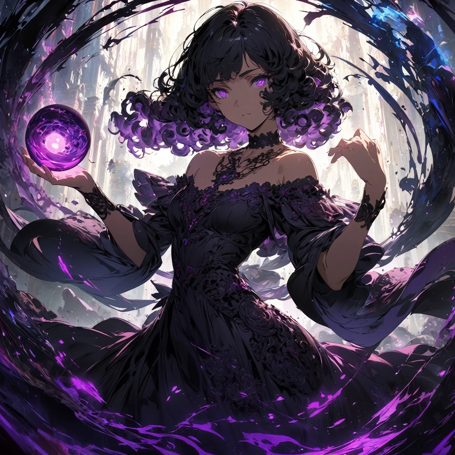 A young woman with dark, curly hair, wearing a black, off-shoulder dress with lace and intricate details, (nude:0.9), a choker necklace, standing in a mysterious environment with a glowing, swirling purple and black aura, holding a glowing purple orb in her left hand, with energy swirling around her, casting dramatic shadows, and a soft backlight illuminating her figure, detailed gorgeous face| anime style| key visual| intricate detail| highly detailed| breathtaking| vibrant| panoramic| cinematic| Carne Griffiths| Conrad Roset| gibbli 8k