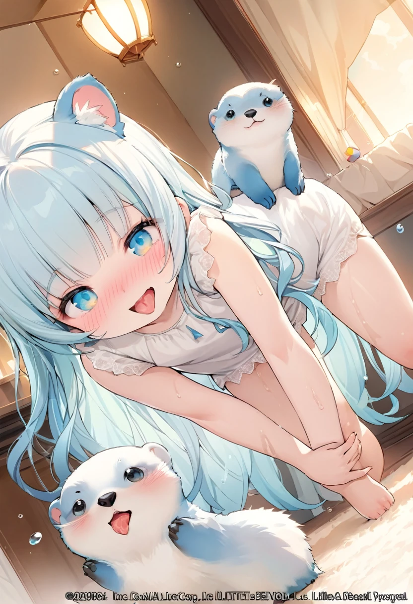 masterpiece, best quality, extremely detailed, (illustration, official art:1.1), 1 girl ,(((( light blue long hair)))), ,(((( light blue long hair)))),light blue hair, , long hair ((blush)) , cute face, big eyes, masterpiece, best quality,(((((a very delicate and beautiful girl))))),Amazing,beautiful detailed eyes,blunt bangs((((little delicate girl)))),tareme(true beautiful:1.2), sense of depth,dynamic angle,,,, affectionate smile, (true beautiful:1.2),,(tiny 1girl model:1.2),)(flat chest) ,Small, fluffy otters, Perfect for a comfortable cuddle. Its fur is soft，pale brown, There are white spots that resemble raindrops,. His eyes are big，Very expressive, Bright brown，Exudes curiosity and joy. Tito's ears are medium in size、Stand up straight when excited. His nose was dark and wet, His tongue always seems lovingly ready to lick. Their legs are small but agile, Great for running and playing. Tito's tail was short, Shake passionately when you're happy, Looks like a joyous little flag.A small, fluffy otter and girl.
