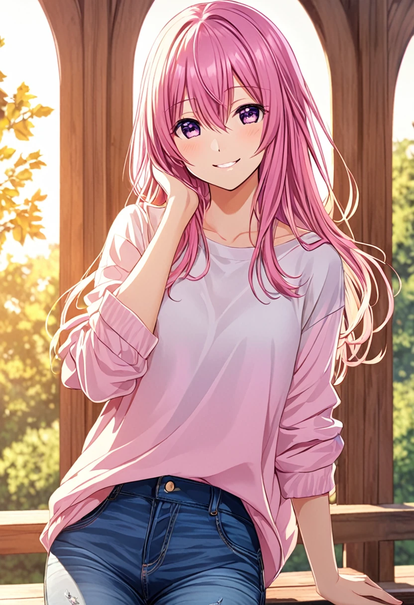 Megurine Luka smile casual clothes jeans pants colored morning peace upper body