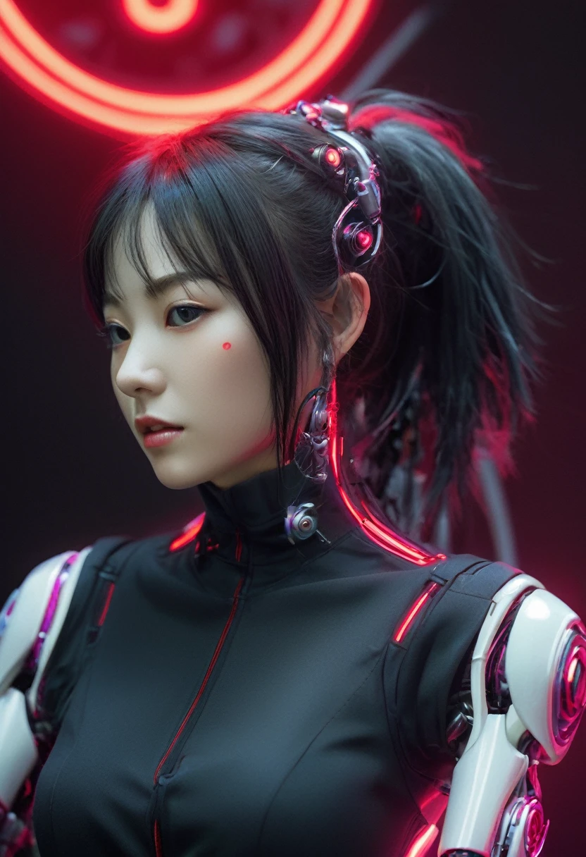xxmixgirl. Highly detailed professional 35mm film, bokeh, face in sharp focus. A robotic female, Miku, with ((metal skin)), ((perfect Asian eyes)) with magenta irises and ((black pupils)), beautiful serious (detailed face), 18 year old ((photorealistic face)), very long magenta twin tails of magenta hair, twin black hair ties with a single red stripe. She may have a black audio headpiece. We can see her ((full body)) down to her boot soles. Her outfit is a sleeveless collared light grey shirt, outlined in red around the frilled collar and hems. Shiny reflective ((metallic breast cups, dimpleless)), invisible nipples. She wears black sleeves with red hems that start around her upper arm and bellow out as the sleeves open and extend to her wrists, with wide trumpet red rimmed cuffs. She has perfect robotic (detailed hands). She wears a red colored tie with two horizontal solid parallel black lines halfway across. She wears a fabric black skirt with a horizontal red hem at the bottom all the way around; her (((black skirt wraps around her))) and ((her skirt completely covers)) her robotic waist and thighs. Tall black boots with red bottom soles, a red rim around the top at her thighs. Her mechanical shoulder joints are visible. We can see her robotic legs and robotic neck. Half of her is covered with shiny polished machinery. The background is a distant dark neon futuristic Japanese city, gold, cyan, violet neon, near harbor or mountains.