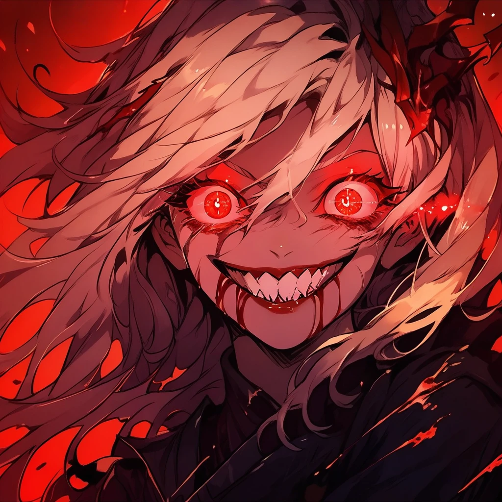 score_9, score_8_up, score_7_up, score_6_up,Madness,score_9,Madness,score_9,1girl,solo,long blonde hair,looking at viewer,smile,red eyes,white hair,teeth,grin,blood,glowing,glowing eyes,
