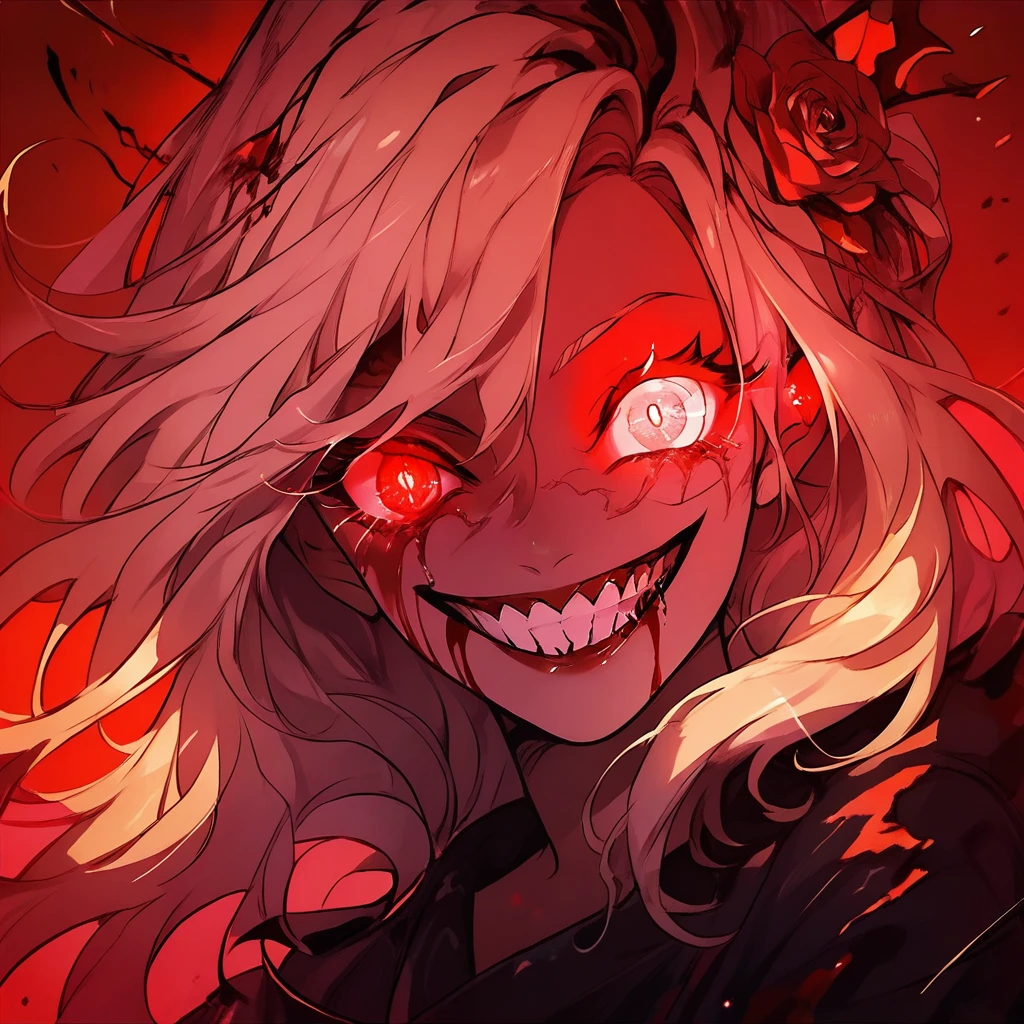 score_9, score_8_up, score_7_up, score_6_up,Madness,score_9,Madness,score_9,1girl,solo,long blonde hair,looking at viewer,smile,red eyes,white hair,teeth,grin,blood,glowing,glowing eyes,