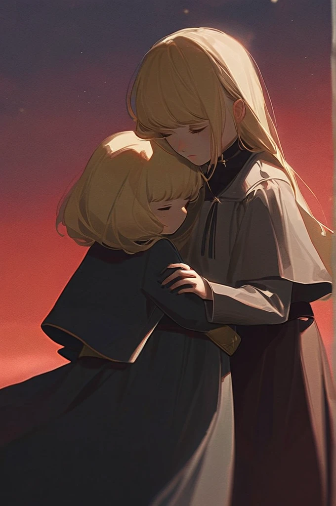 ((Лучшее качество)), ((шедевр)), (подробный), The soldier is gloomy, his hair is dark. He hugs the princess girl. a blonde girl in a long dress. There is a rocket and a red sky behind my back