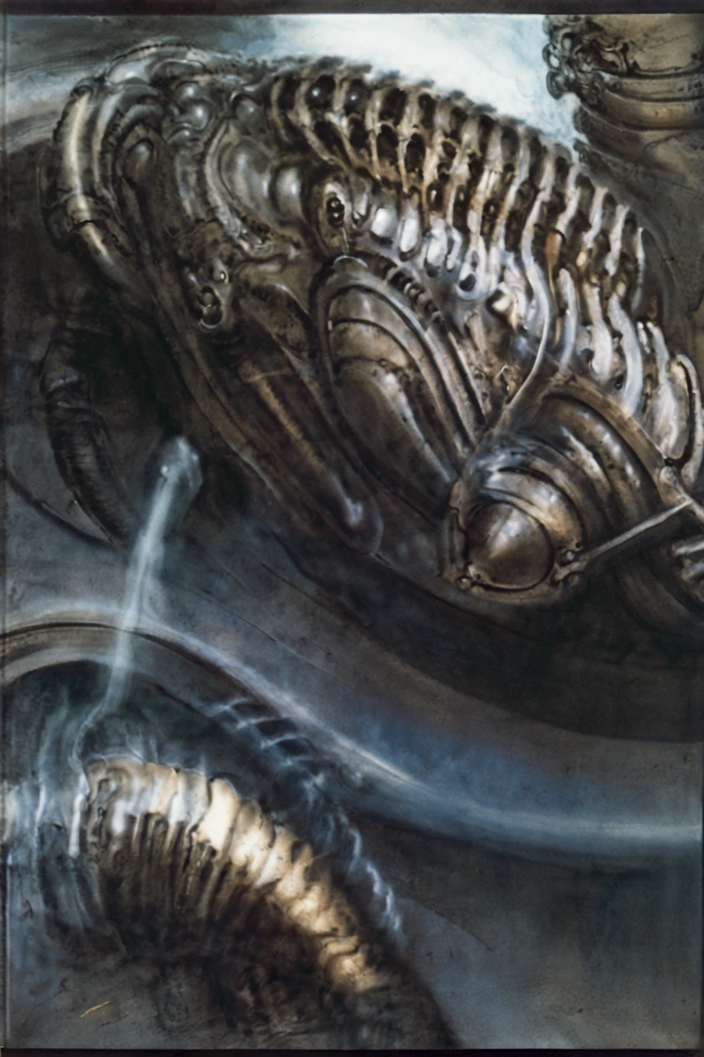 HRGigerArhP style, biomechanoid style, nsfw, Giger_style, The image is a detailed view of H.R. Giger's \" Li II \" plate, featuring a complex network of bones and organs in a purple-brown hue ,swirling gray and brown colorsgroup of three alien figures positioned in the foreground. Emaciated and skeletal, with hollow eyes, they appear to be constructed from bone and metallic elements, a characteristic fusion of organic and mechanical forms found in Giger's biomechanical art.
The image features a surrealistic painting featuring a woman with a skull for a head, surrounded by monstrous, tentacled beings., standing in a room with a glowing screen displaying the word \"EVE\" and a hand reaching out to touch its face. The background is a dark and limited space painted in a uniform blue-green color. This lack of detail keeps the focus on the figures and creates a sense of mystery about their environment. Receding into the distance are a series of arches and tunnels that hint at a larger biomechanical landscape, possibly the work of the creatures themselves The artwork is silver and purplish brown, with an ivory bones prominently displayed.
This piece is likely created using pen and ink wash. The fine lines used to outline the foreground figure and the textures on the floor are consistent with pen and ink work. The background shows areas of flat tone and shading, which could have been achieved using a wash of ink or watercolor. The artwork leans heavily on dark surrealism. The central figure is humanoid but distorted, with an elongated head and insect-like protrusion on its back. The scale of the figure in relation to its surroundings is unnatural, further contributing to the surreal atmosphere. There are subtle influences of biomechanical art present. The organic form of the humanoid figure is integrated with technological element