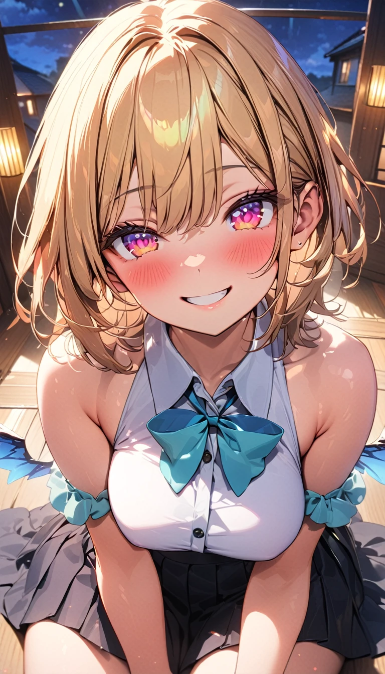 (Best quality, 8k, 32k, Masterpiece, UHD,:1.2),RAW, 1girl ,ultra cute , natural lighting,transparent shining eyes, 20yo,medium breast ,fair complexion ,flushed face,dynamic Lighting, Beautiful and detailed sky, Detailed face, night, sitting, Dating, (blush), (Smile: 1.1), (Residence), Large Breasts, Beautiful and delicate eyes, Untie the vanadium, (Collared shirt: 1.1), bow tie, Pleated Skirt, (short hair: 1.2), flowing hair, Long eyelashes, Eyeshadow, Small face, big eyes, full-body shot, Bare shoulders, indoor, floor, From Below and Behind