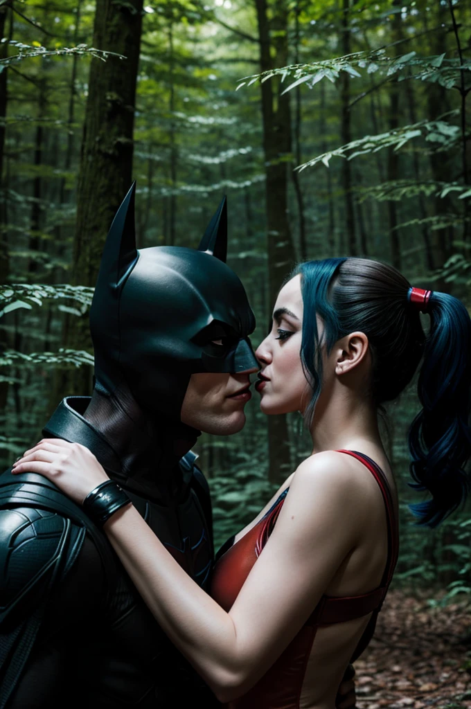 Harley Quinn kissing with Batman in a forest