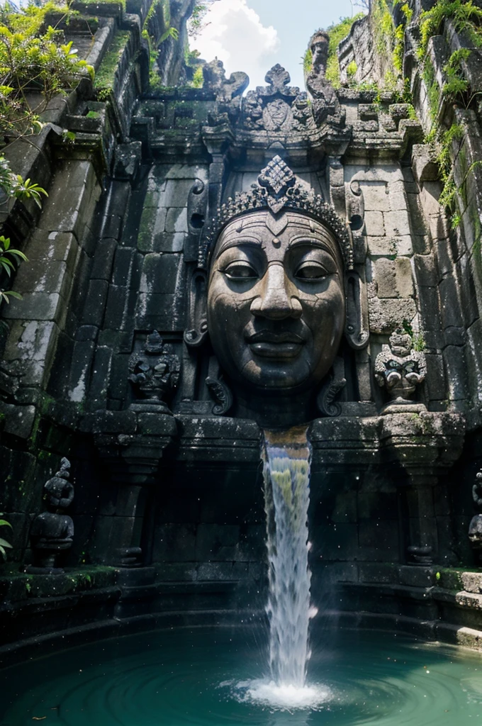tilt-shift photo of ancient jungle ruins with a morphing mask. In an absurd situation. selective focus, miniature effect, blurred background, highly detailed, vibrant, perspective control
