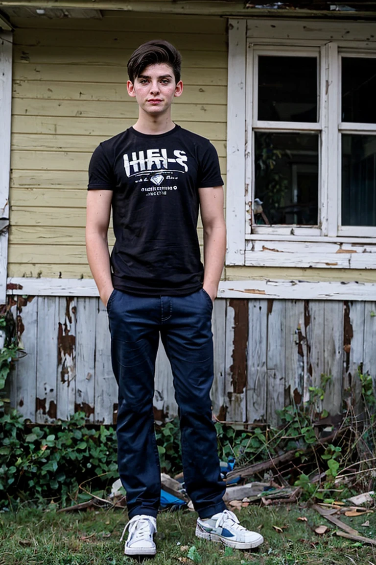 Realistic photo of a young adult , little boy , 18-years old , with a defined physique from lots of training , Standing in front of an abandoned house ,giorno