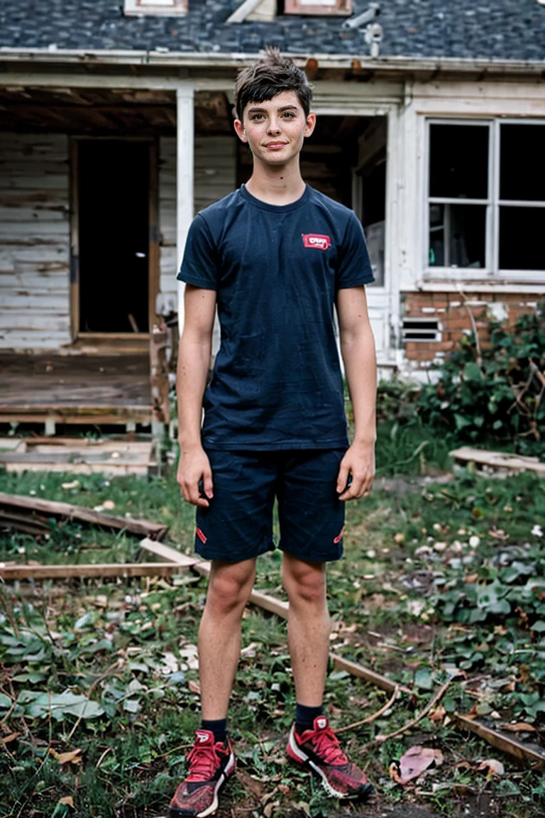 Realistic photo of a young adult , little boy , 18-years old , with a defined physique from lots of training , Standing in front of an abandoned house ,giorno