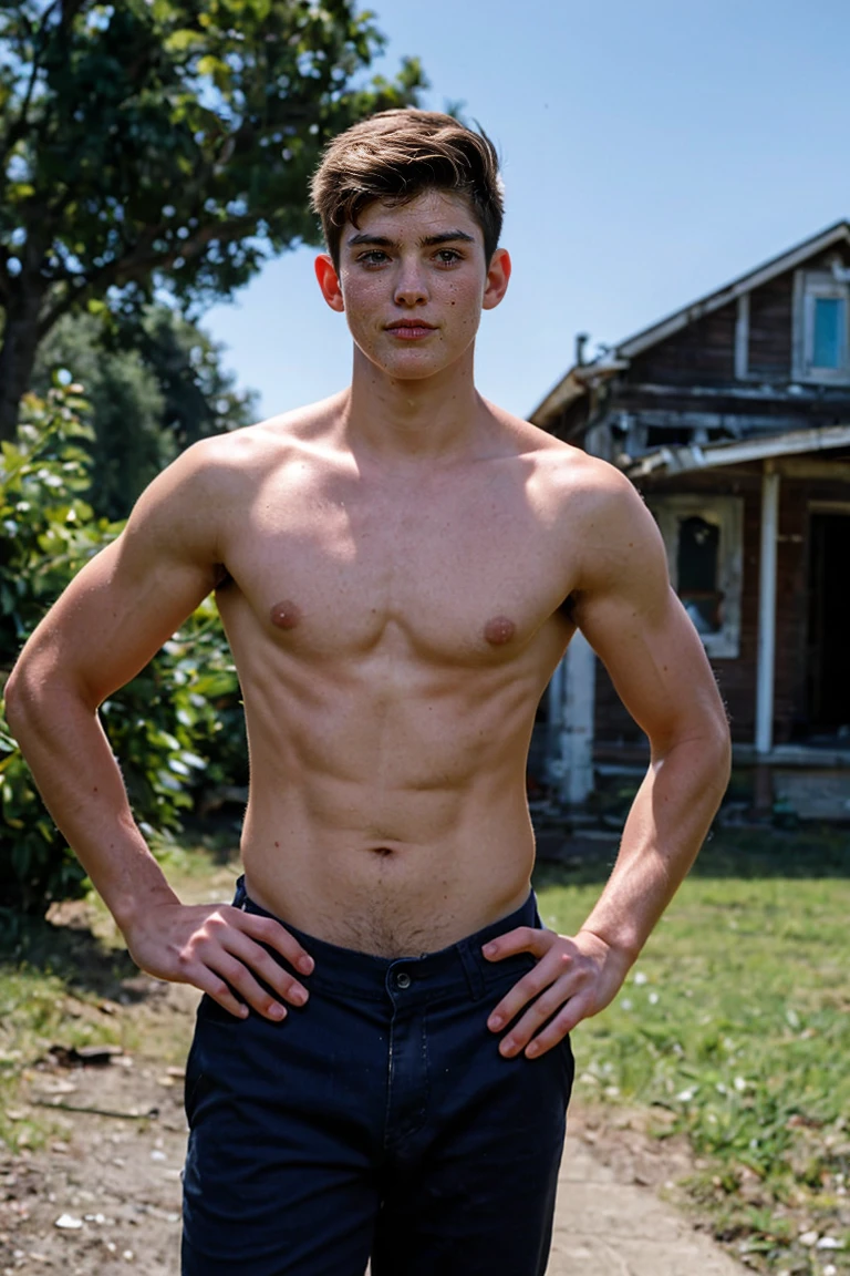 Realistic photo of a young adult , , 18-years old , with a defined physique from lots of training , Standing in front of an abandoned house ,giorno