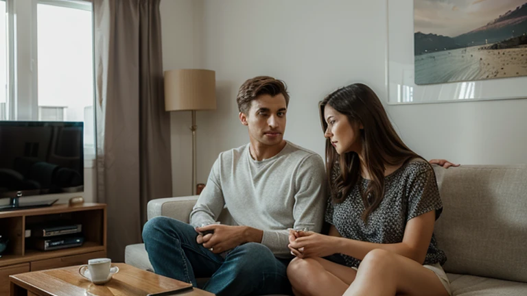 Man and woman couple watching television in the living room.