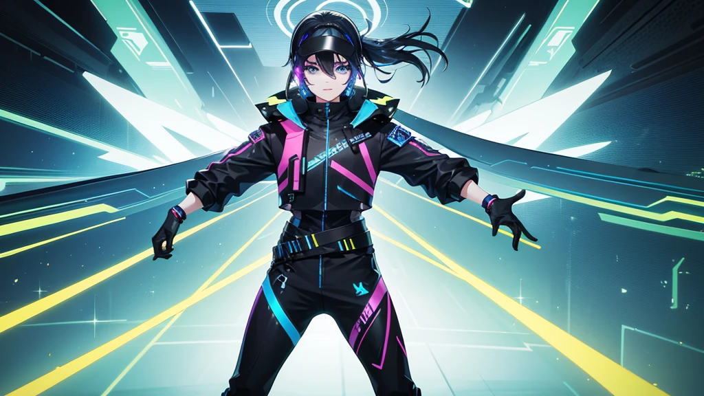 "Create a vibrant and dynamic avatar for a VTuber focused on gaming. The character should be a young adult with a stylish and futuristic gamer aesthetic. They should wear a sleek, high-tech outfit with neon accents, reminiscent of a sci-fi video game world. The avatar should have expressive facial features, bright colored hair (like blue or purple), and accessories such as headphones, gaming gloves, and a visor. The background should be an immersive, virtual gaming environment with elements like holographic screens, game icons, and vibrant lighting. The overall design should convey energy, excitement, and a passion for gaming."