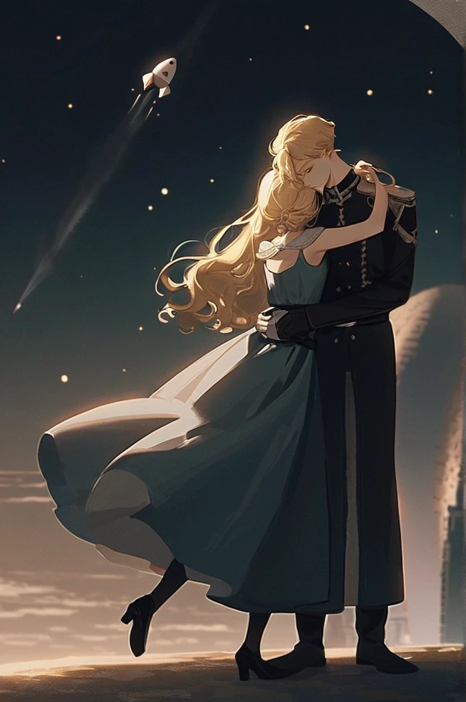 ((Лучшее качество)), ((шедевр)), (подробный), The soldier is gloomy, his hair is dark. He hugs the princess girl. a blonde girl in a long dress. There is a rocket and a dark sky behind my back