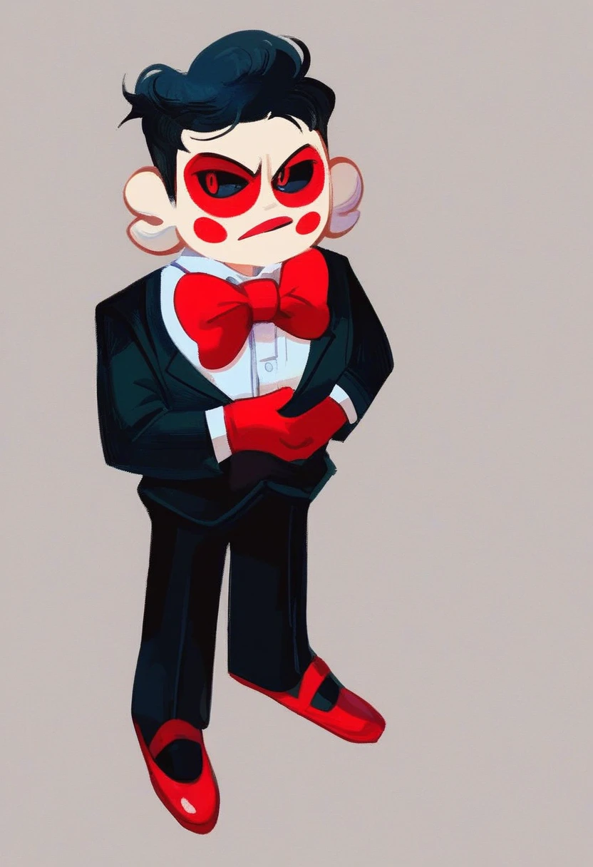 billy, 1boy, solo, full body, white face paint, red cheeks, black tuxedo with a white shirt and gloves, red bow tie, red handkerchief in the breast pocket, red Mary Janes, red eyes, black sclera, red lips, long black hair, small, short