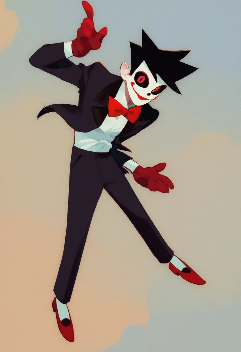 billy, 1boy, solo, full body, white face paint, red cheeks, black tuxedo with a white shirt and gloves, red bow tie, red handkerchief in the breast pocket, red Mary Janes, red eyes, black sclera, red lips, long black hair, small, short