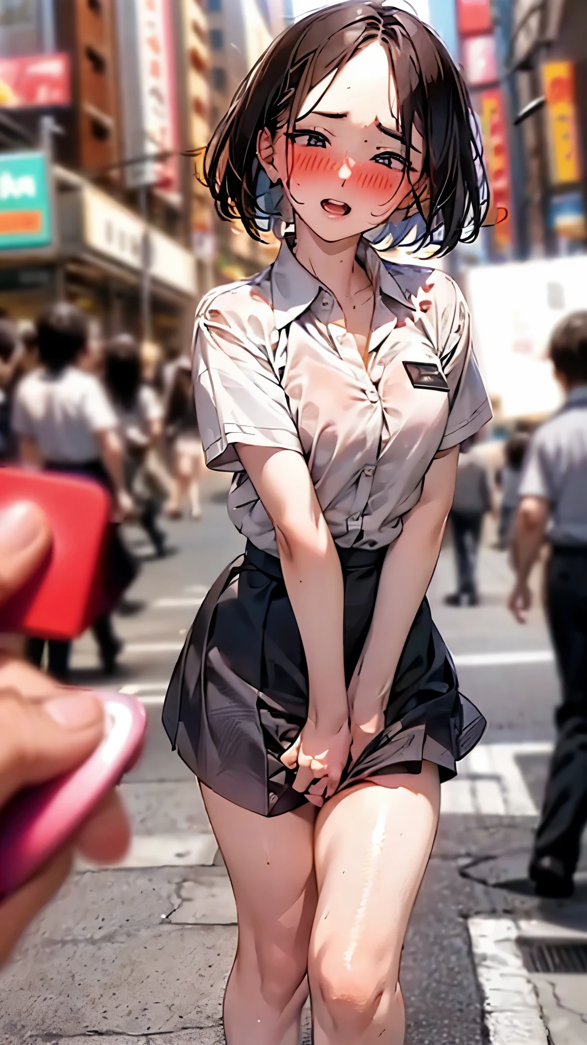 Crowd in the background,masterpiece,Highest quality,High resolution,Anatomically correct,business suit,Short Sleeve Button Down Shirt,Short skirt,Sweat,barefoot,Glowing Skin,Ahegao,Forehead,Long Bob,ID card,vibrator,