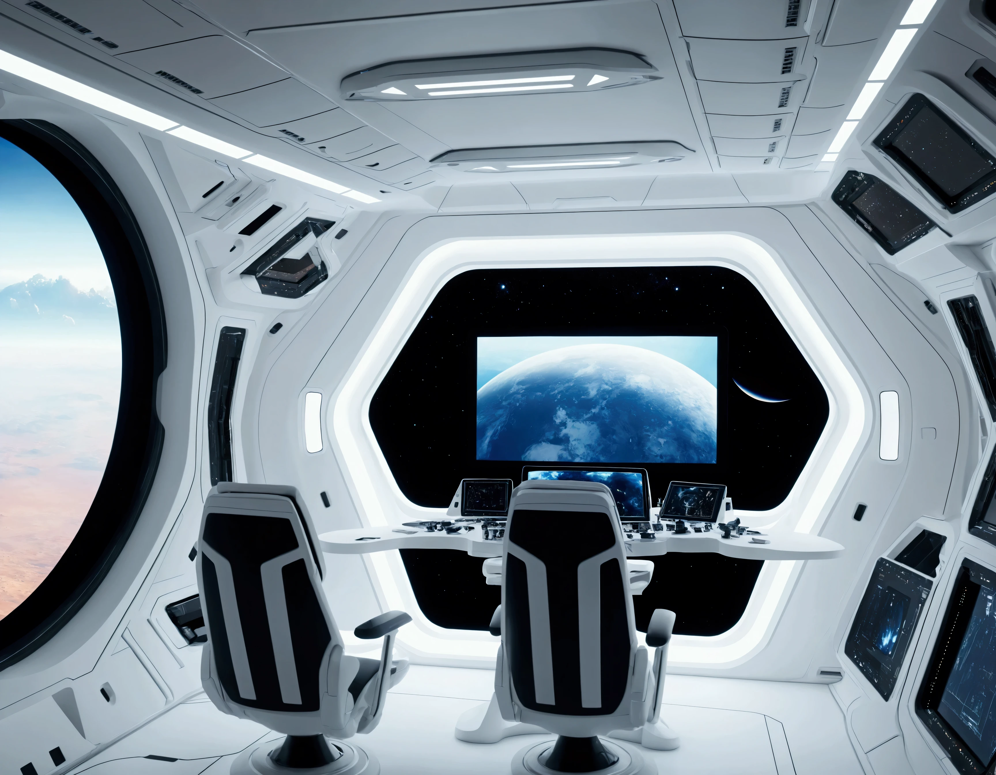 White,Spacecraft exterior. through the window, You can see the scenery of alien planets, The entire space is filled with work consoles with electronic devices and screens, Full HD