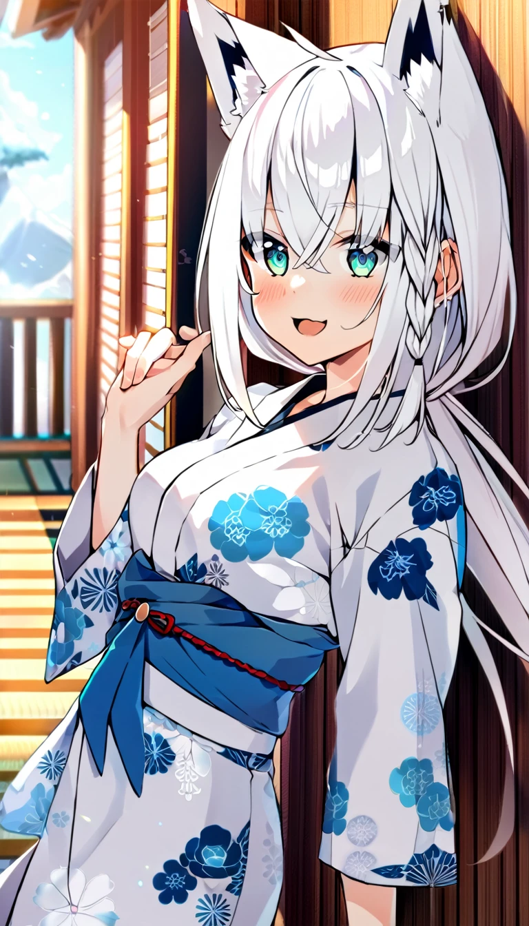 one girl, Shirakami Fubuki, fox ears, white hair, yukata, cute